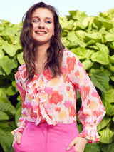 Women's Pink Abstract Printed V-Neck Ruffles Top