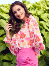 Women's Pink Abstract Printed V-Neck Ruffles Top
