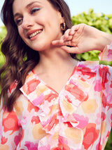Women's Pink Abstract Printed V-Neck Ruffles Top
