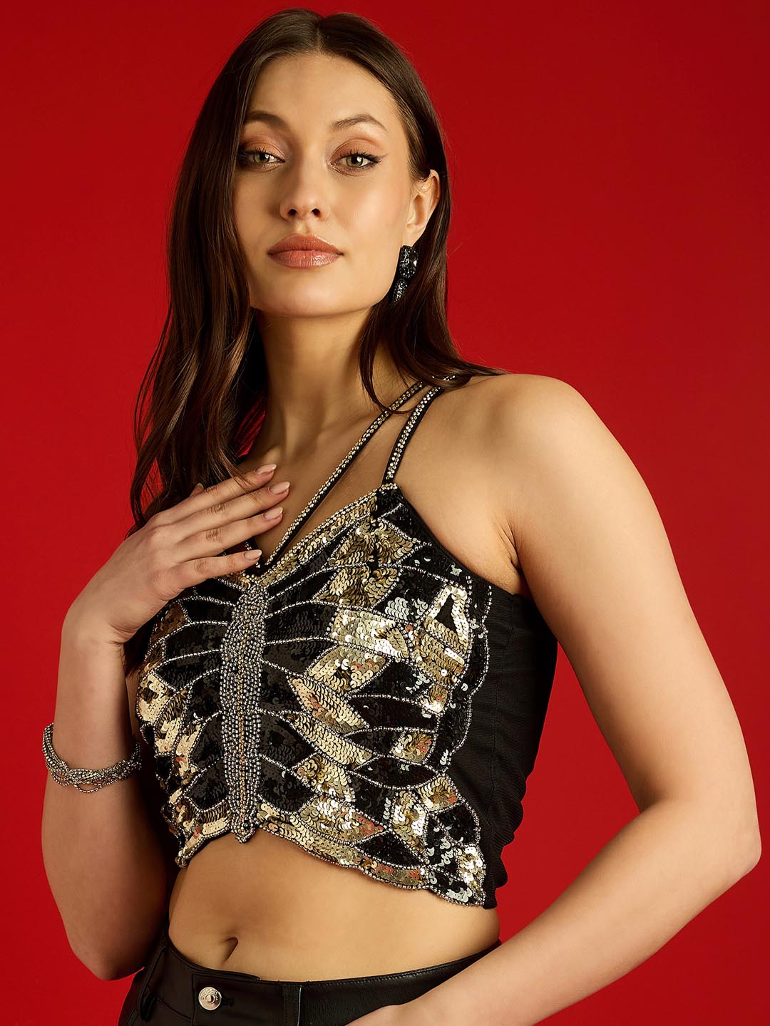 Women's Embellished Net Crop Top