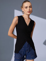Women's Solid V-Neck Sleeveless Wrap Top