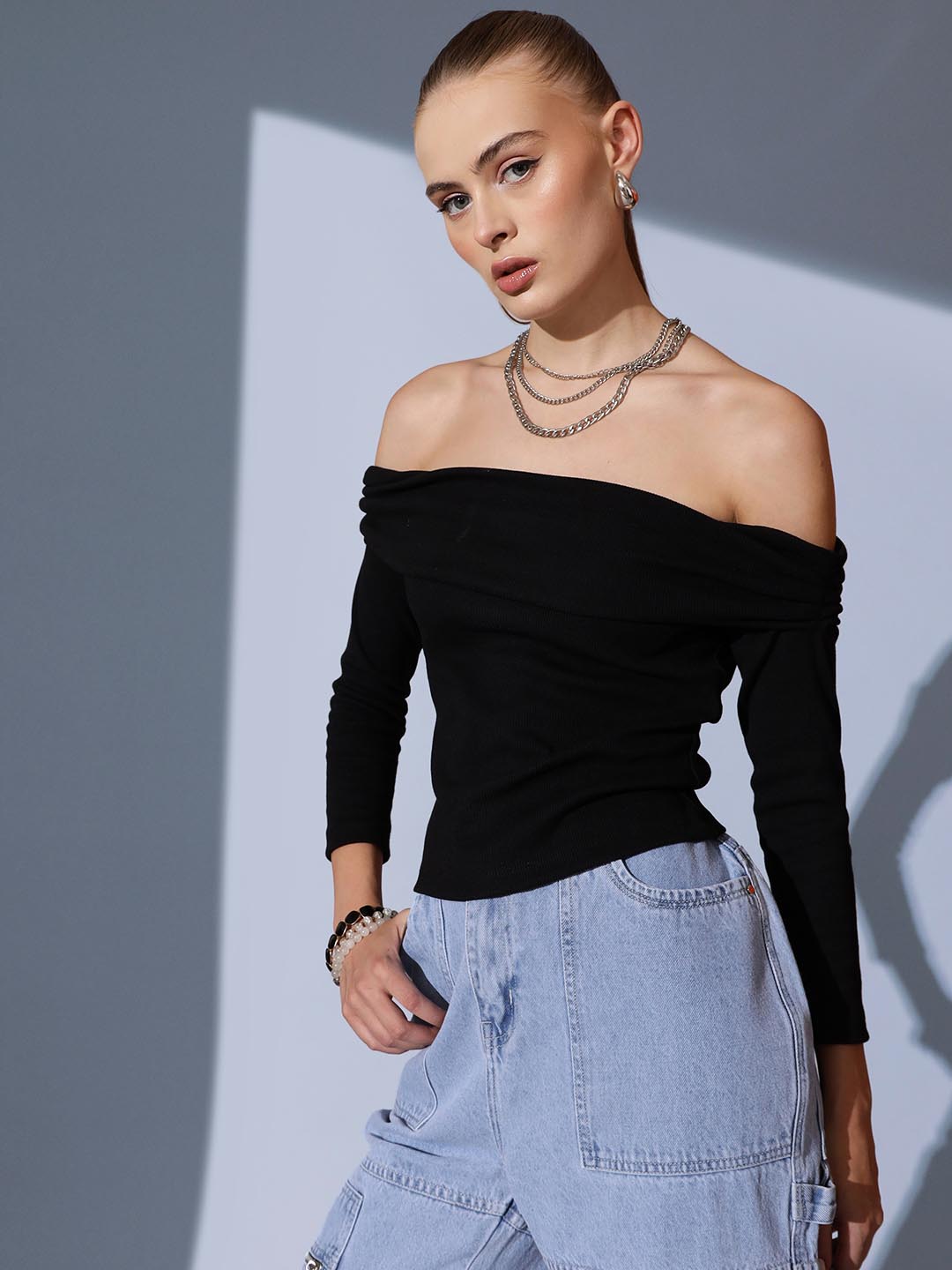 Women's Off-Shoulder Solid Bardot Top