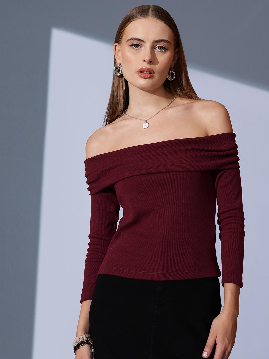 Women's Off-Shoulder Solid Bardot Top