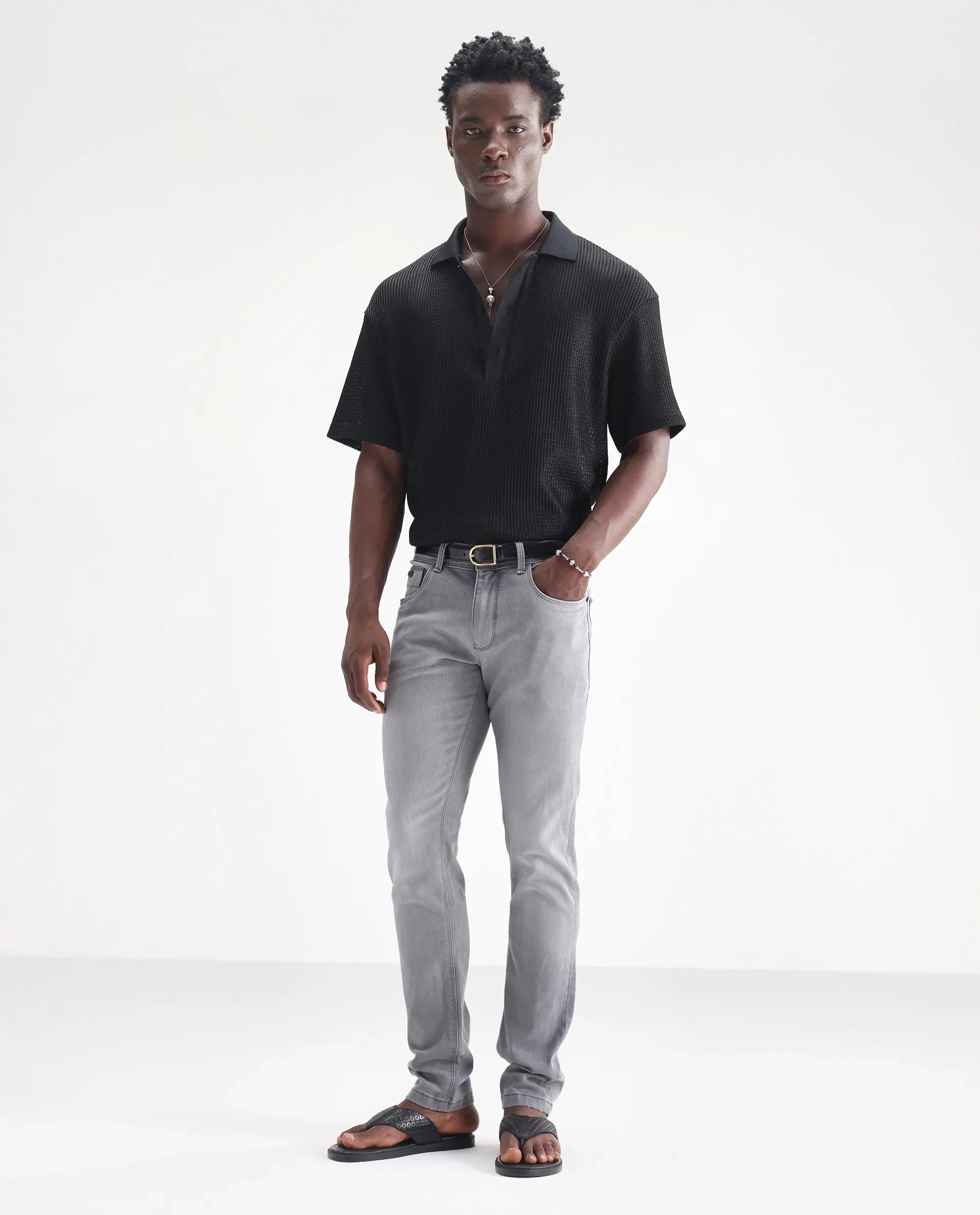 Men's Grey Casual Slim Fit Solid Jeans