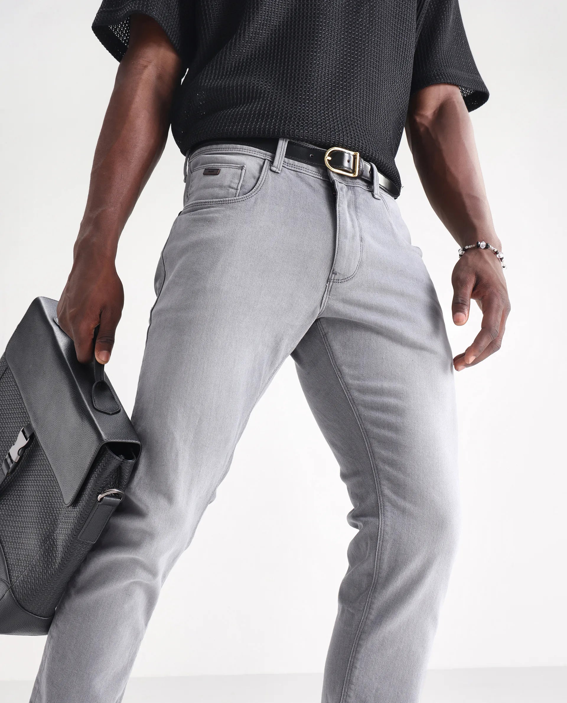 Men's Grey Casual Slim Fit Solid Jeans