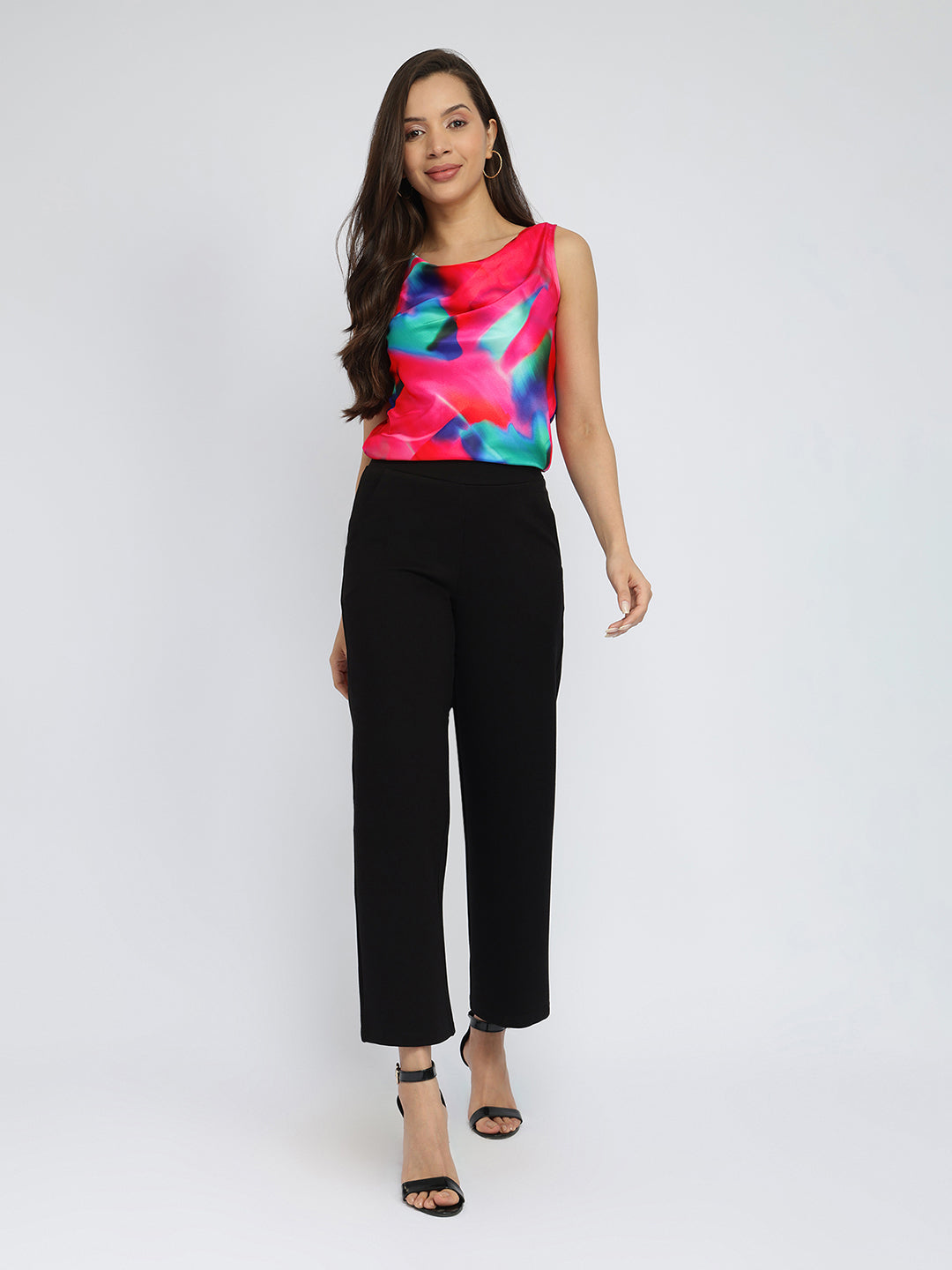 Women's Pink Casual Printed Regular Fit Sleeveless Top