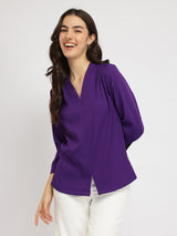 Women's Purple Casual Solid Regular Fit Three Quarter Sleeves Top