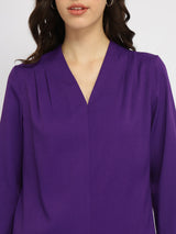Women's Purple Casual Solid Regular Fit Three Quarter Sleeves Top