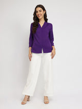 Women's Purple Casual Solid Regular Fit Three Quarter Sleeves Top