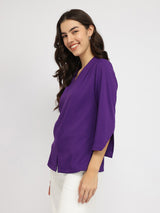 Women's Purple Casual Solid Regular Fit Three Quarter Sleeves Top