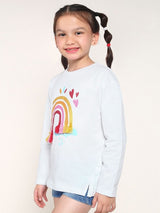Girls White Casual Printed Regular Fit Full Sleeves Tshirt