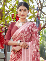 Women's Chiffon Red Printed Celebrity Saree with Blouse Piece
