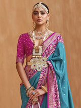 Women's Silk Blend Blue Woven Design Designer Saree with Blouse Piece