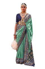 Women's Silk Blend Green Woven Design Designer Saree with Blouse Piece