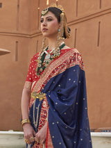 Women's Silk Blend Navy Woven Design Designer Saree with Blouse Piece