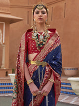 Women's Silk Blend Navy Woven Design Designer Saree with Blouse Piece