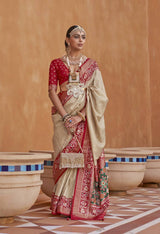 Women's Silk Blend White Woven Design Designer Saree with Blouse Piece