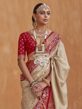 Women's Silk Blend White Woven Design Designer Saree with Blouse Piece