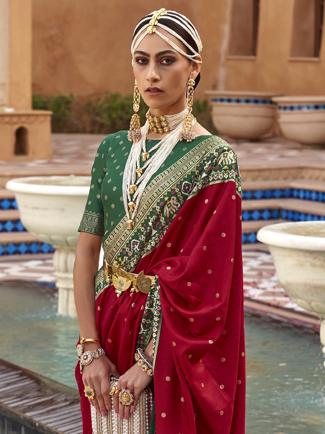 Women's Silk Blend Red Woven Design Designer Saree with Blouse Piece