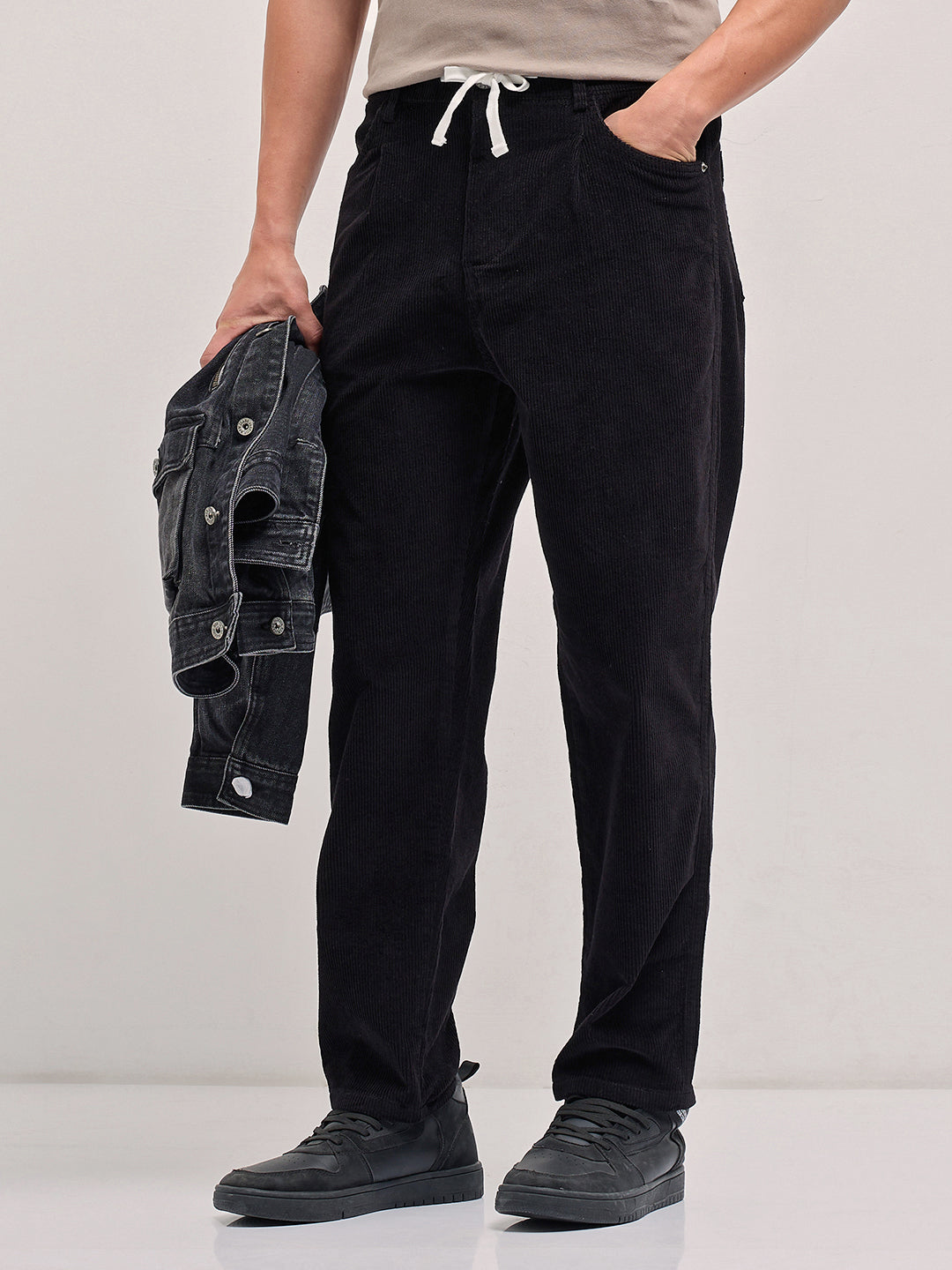 Men's Black Casual Regular Fit Striped Trouser