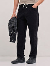 Men's Black Casual Regular Fit Striped Trouser
