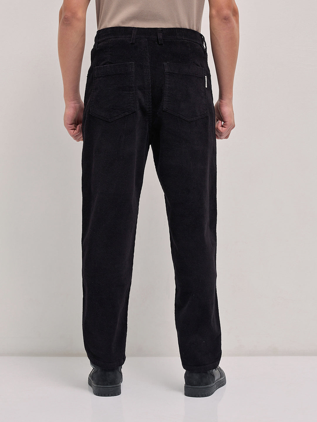 Men's Black Casual Regular Fit Striped Trouser