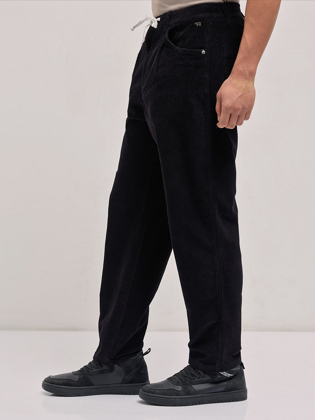 Men's Black Casual Regular Fit Striped Trouser