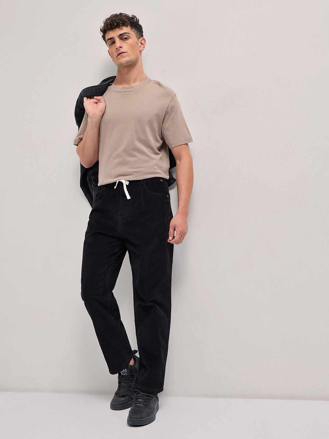 Men's Black Casual Regular Fit Striped Trouser