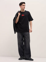 Men's Black Casual Oversized Printed Half Sleeves Tshirt
