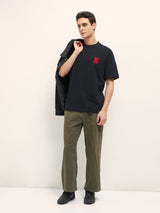 Men's Black Casual Oversized Printed Half Sleeves Tshirt