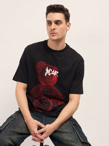 Men's Black Casual Oversized Printed Half Sleeves Tshirt