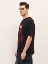 Men's Black Casual Oversized Printed Half Sleeves Tshirt