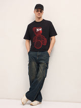 Men's Black Casual Oversized Printed Half Sleeves Tshirt