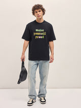 Men's Black Oversize Graphic Design Crew Neck Tshirt