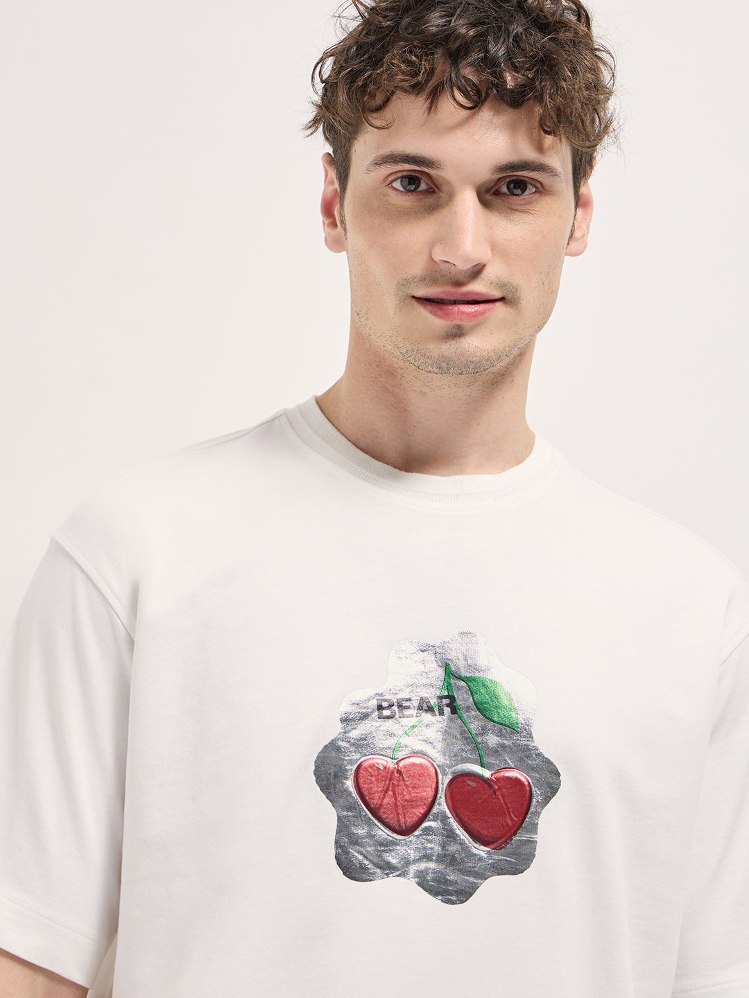 Men's White Cherry Graphic Design Crew Neck Tshirt