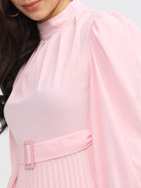 Women's Pink Ethnic Solid Regular Fit Full Sleeves Dress