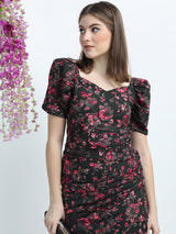 Women's Black Ethnic Floral Regular Fit Half Sleeves Dress