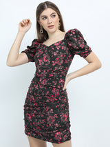 Women's Black Ethnic Floral Regular Fit Half Sleeves Dress