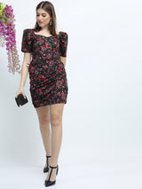 Women's Black Ethnic Floral Regular Fit Half Sleeves Dress