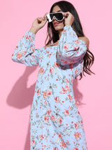 Women's Blue Ethnic Floral Regular Fit Three Quarter Sleeves Dress