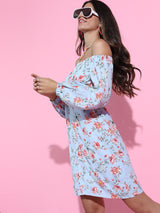 Women's Blue Ethnic Floral Regular Fit Three Quarter Sleeves Dress
