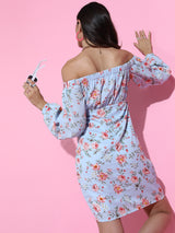 Women's Blue Ethnic Floral Regular Fit Three Quarter Sleeves Dress