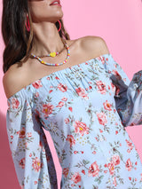 Women's Blue Ethnic Floral Regular Fit Three Quarter Sleeves Dress