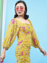 Women's Yellow Ethnic Floral Regular Fit Full Sleeves Dress