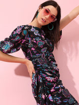 Women's Black Ethnic Floral Regular Fit Three Quarter Sleeves Dress