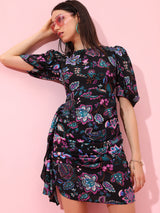 Women's Black Ethnic Floral Regular Fit Three Quarter Sleeves Dress