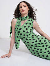 Women's Green Ethnic Polka Dot Regular Fit Sleeveless Dress