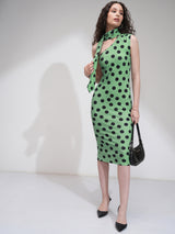 Women's Green Ethnic Polka Dot Regular Fit Sleeveless Dress