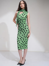 Women's Green Ethnic Polka Dot Regular Fit Sleeveless Dress