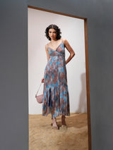 Women's Blue Ethnic Abstract Regular Fit Sleeveless Dress